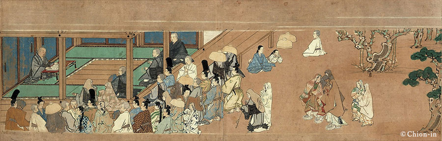 Illustrated Biography of Hōnen, Volume Six, Chapter Three Hōnen preaches the teachings of the nembutsu at his meditation hermitage in Yoshimizu.