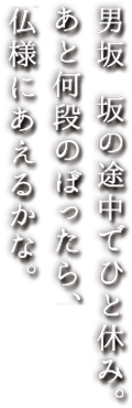 男坂　坂の途中でひと休み。あと何段のぼったら、仏様にあえるかな。